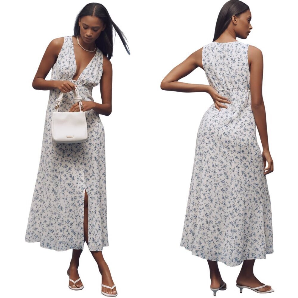 Reformation Ceara Floral V-Neck Midi Dress Women's 8 White Blue Cottagecore NWOT
